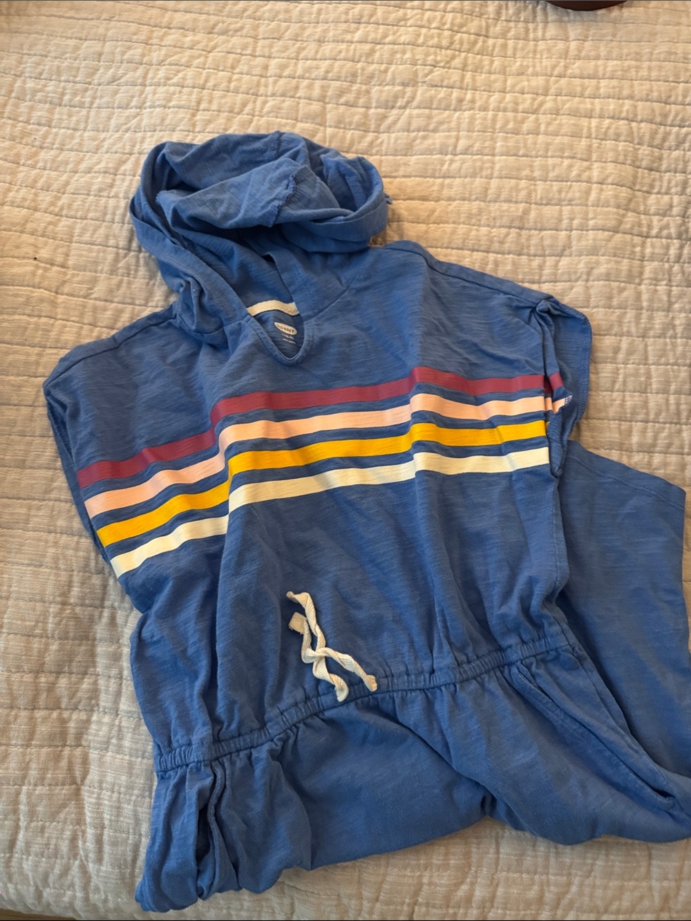 Old Navy Blue Hooded Kids Swim Coverup with Rainbow Stripes